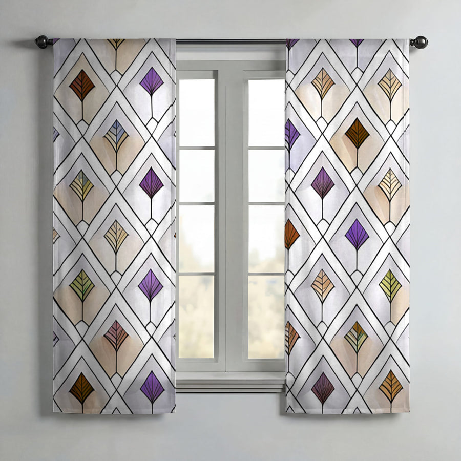 Beige and Purple Diamond Tile Pattern Window Curtain