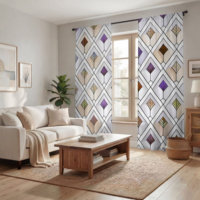 Beige and Purple Diamond Tile Pattern Window Curtain