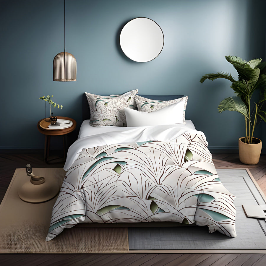 Beige Botanical Fan Leaf Pattern Duvet Cover