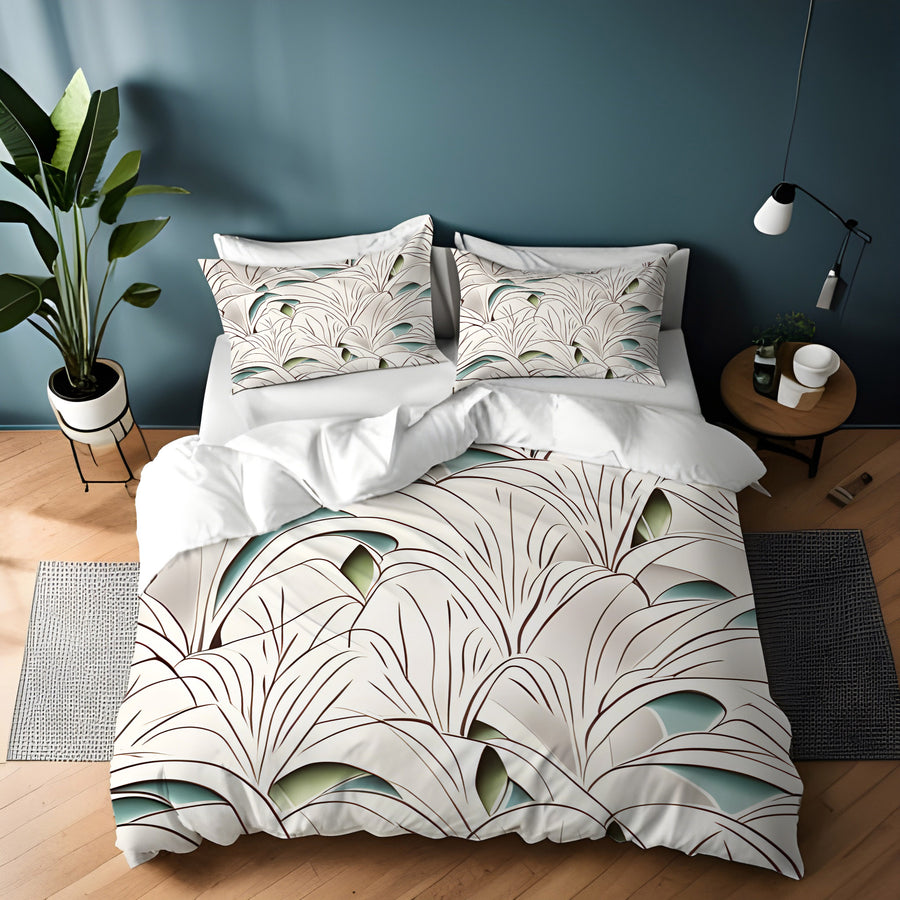 Beige Botanical Fan Leaf Pattern Duvet Cover
