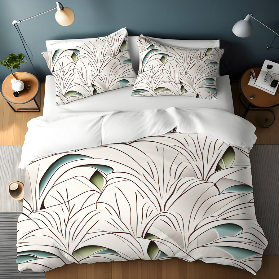 Beige Botanical Fan Leaf Pattern Duvet Cover