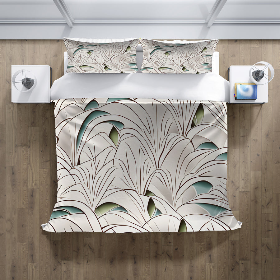 Beige Botanical Fan Leaf Pattern Duvet Cover