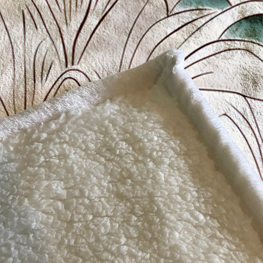 Beige Botanical Fan Leaf Pattern Fleece Sherpa Blanket