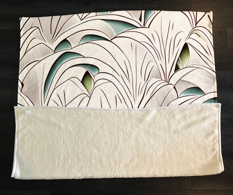 Beige Botanical Fan Leaf Pattern Fleece Sherpa Blanket