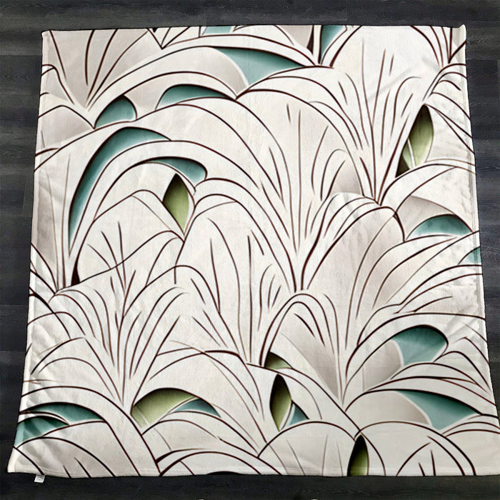 Beige Botanical Fan Leaf Pattern Fleece Sherpa Blanket