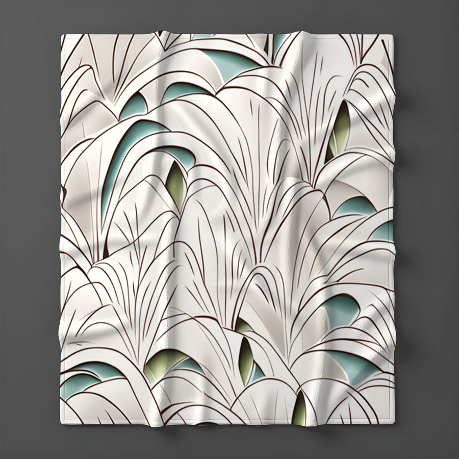 Beige Botanical Fan Leaf Pattern Fleece Sherpa Blanket