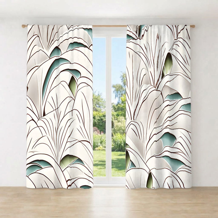 Beige Botanical Fan Leaf Pattern Window Curtains