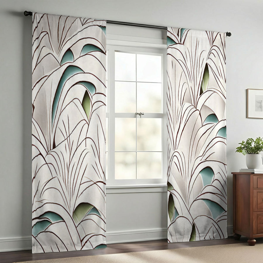 Beige Botanical Fan Leaf Pattern Window Curtains