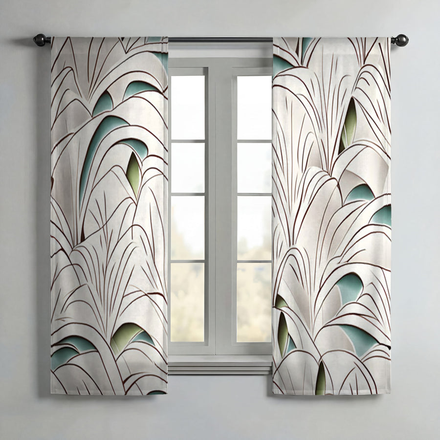 Beige Botanical Fan Leaf Pattern Window Curtains