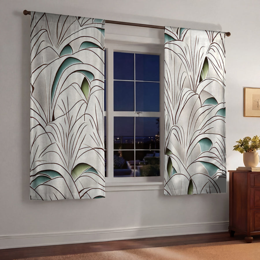 Beige Botanical Fan Leaf Pattern Window Curtains