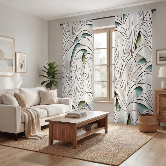 Beige Botanical Fan Leaf Pattern Window Curtains