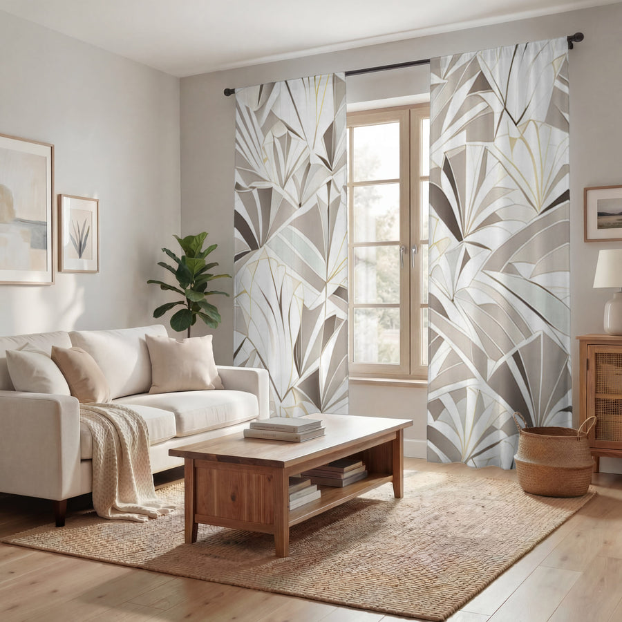 Beige Geometric Fan Pattern Window Curtains