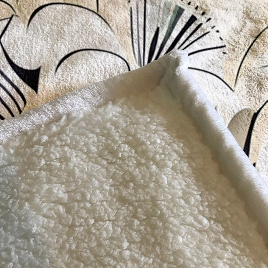 Beige Botanical Fan Leaf Pattern Fleece Sherpa Blanket