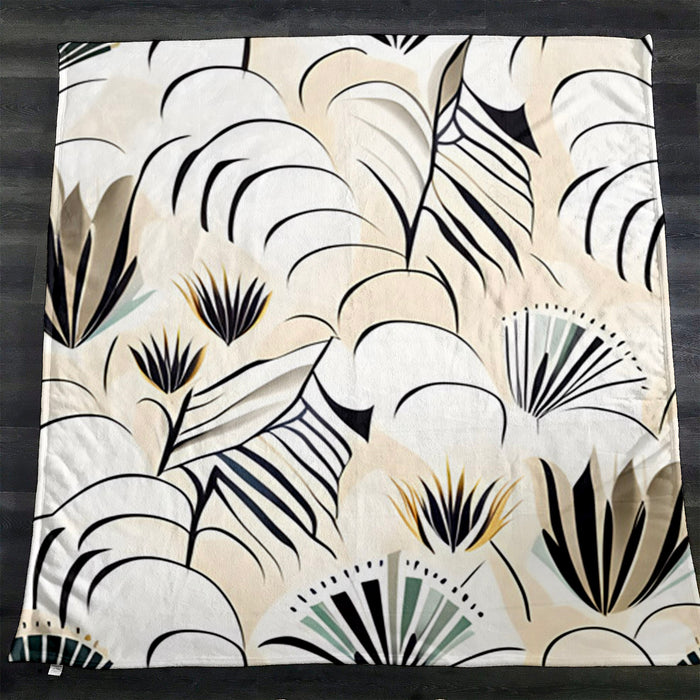 Beige Botanical Fan Leaf Pattern Fleece Sherpa Blanket