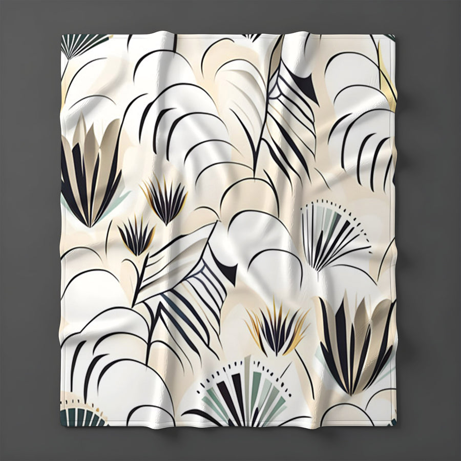Beige Botanical Fan Leaf Pattern Fleece Sherpa Blanket