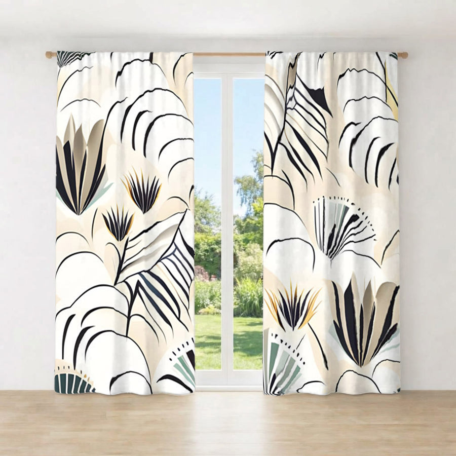 Beige Botanical Fan Leaf Pattern Window Curtains
