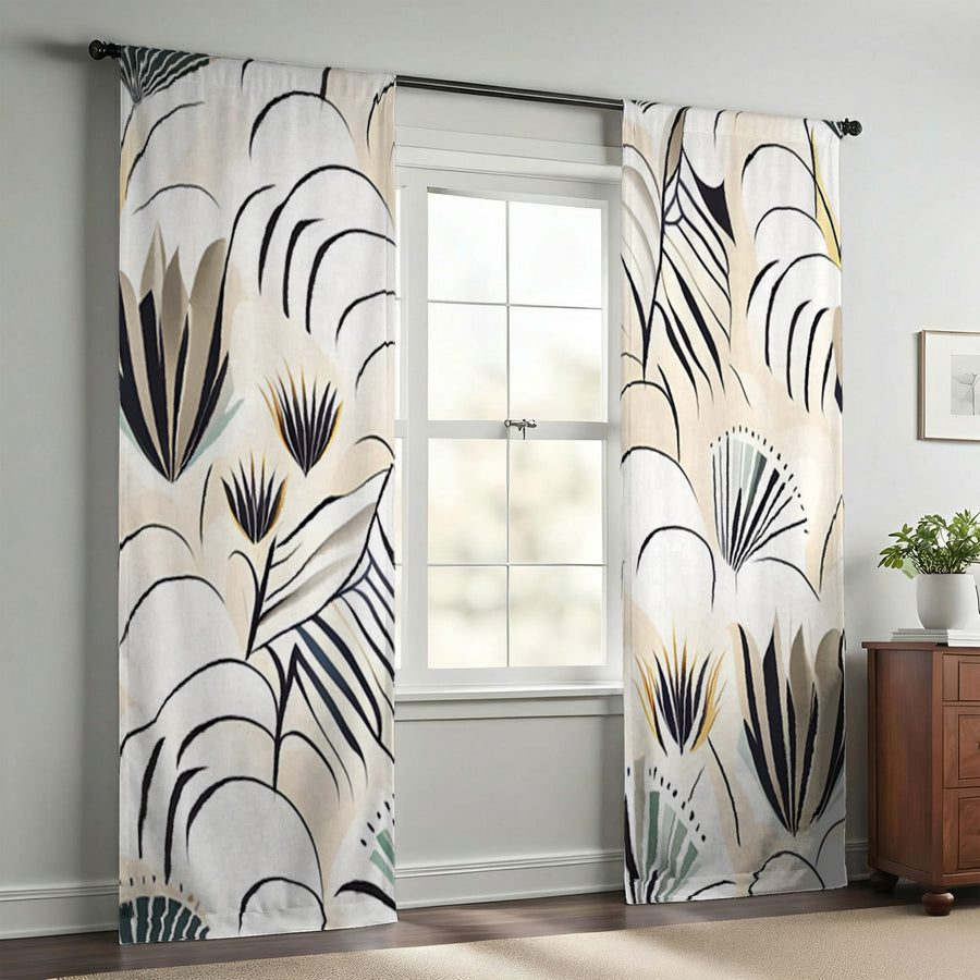 Beige Botanical Fan Leaf Pattern Window Curtains