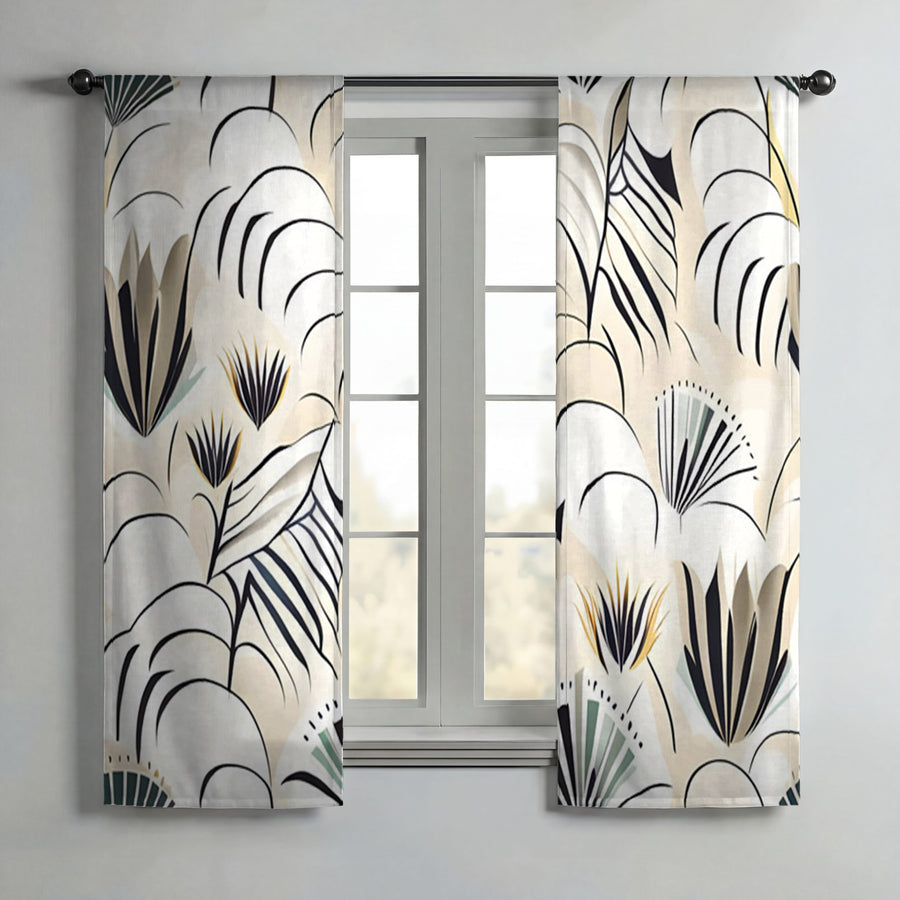 Beige Botanical Fan Leaf Pattern Window Curtains