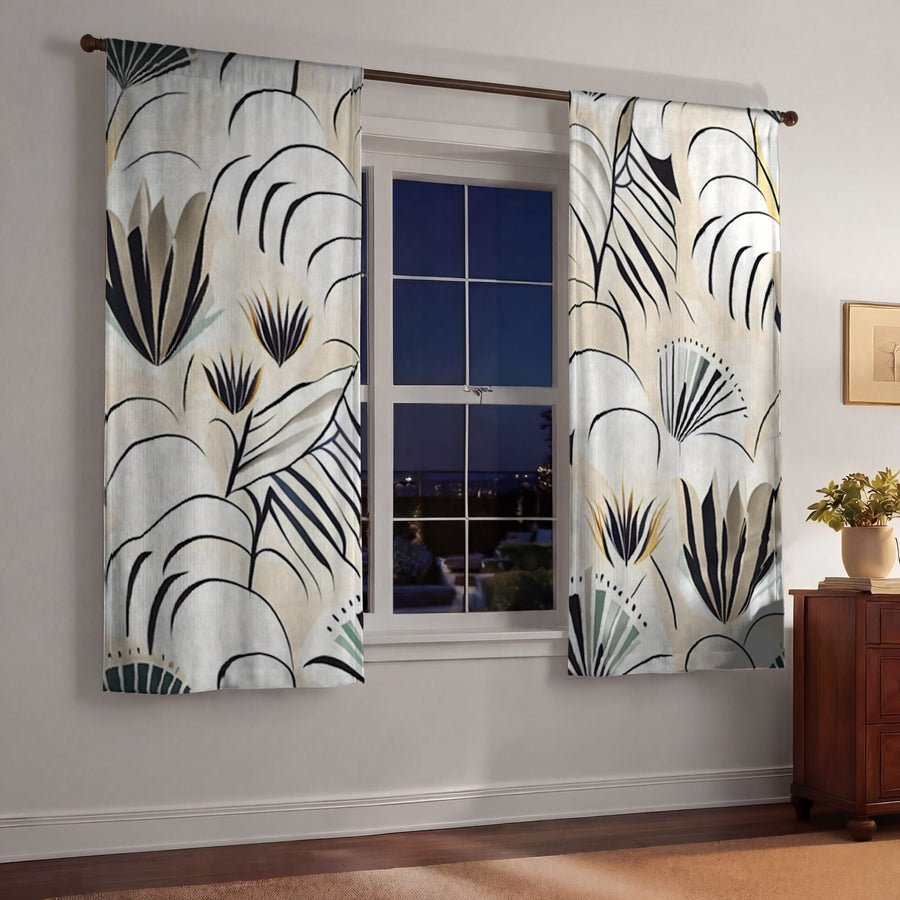 Beige Botanical Fan Leaf Pattern Window Curtains
