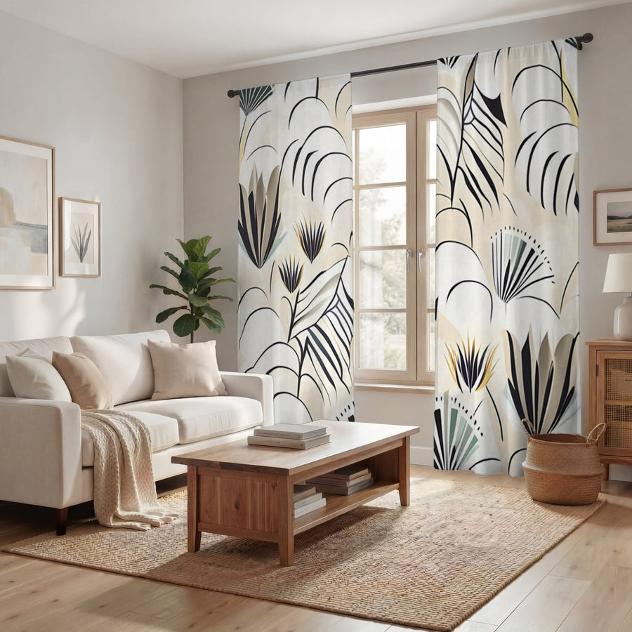 Beige Botanical Fan Leaf Pattern Window Curtains