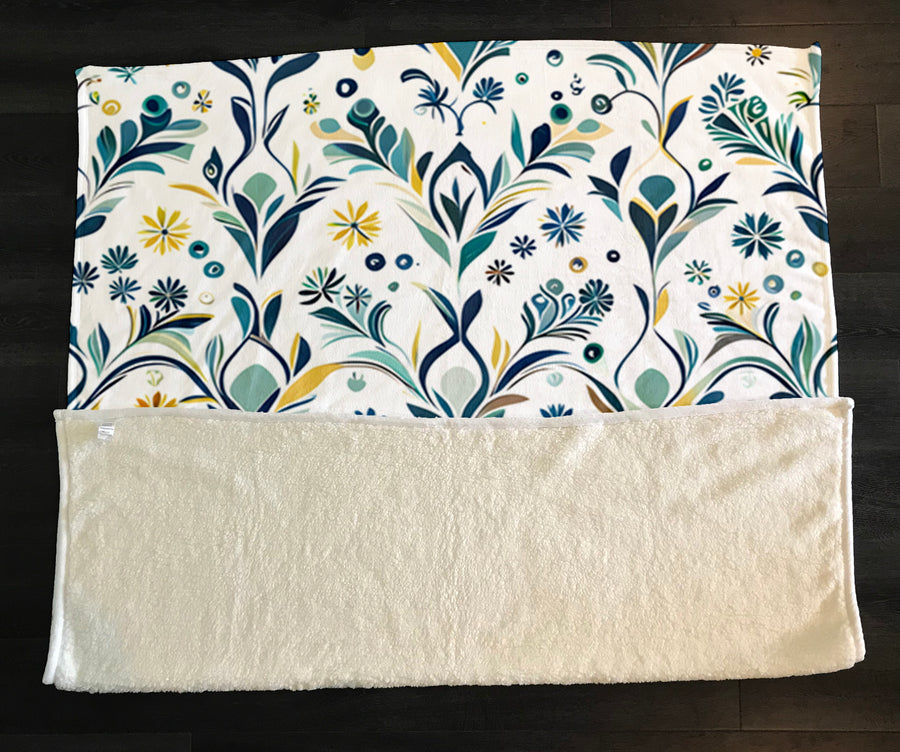 Blue Floral Vine Pattern Fleece Sherpa Blanket