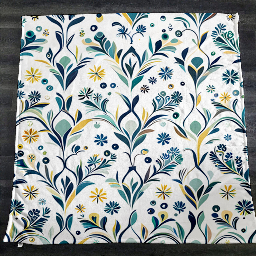 Blue Floral Vine Pattern Fleece Sherpa Blanket