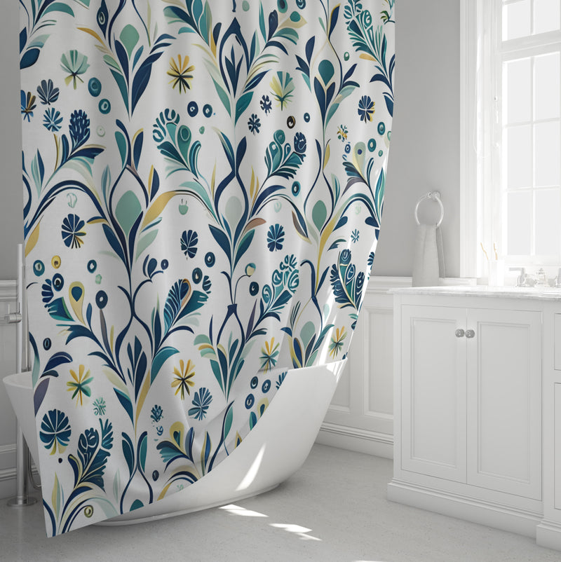 Chic Farmhouse Blue Shower Curtains - Small Print Leaf and Wheat Abstract Design - Deja Blue Studios