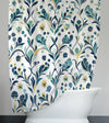 Chic Farmhouse Blue Shower Curtains - Small Print Leaf and Wheat Abstract Design - Deja Blue Studios