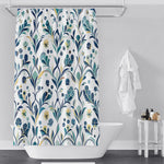 Chic Farmhouse Blue Shower Curtains - Small Print Leaf and Wheat Abstract Design - Deja Blue Studios