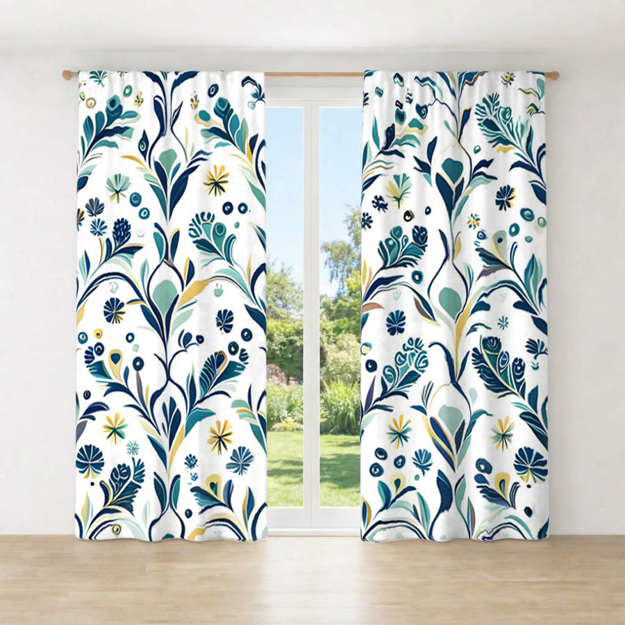 Blue Floral Vine Pattern Window Curtains