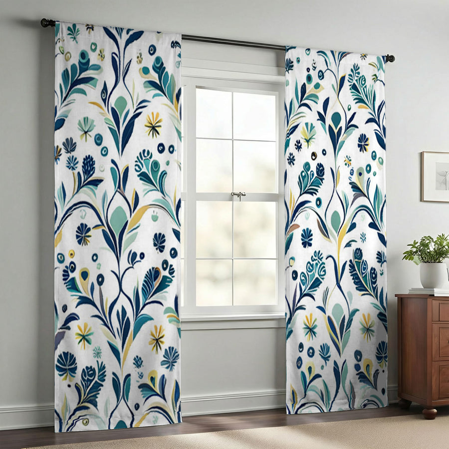 Blue Floral Vine Pattern Window Curtains