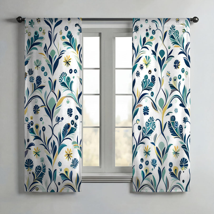 Blue Floral Vine Pattern Window Curtains