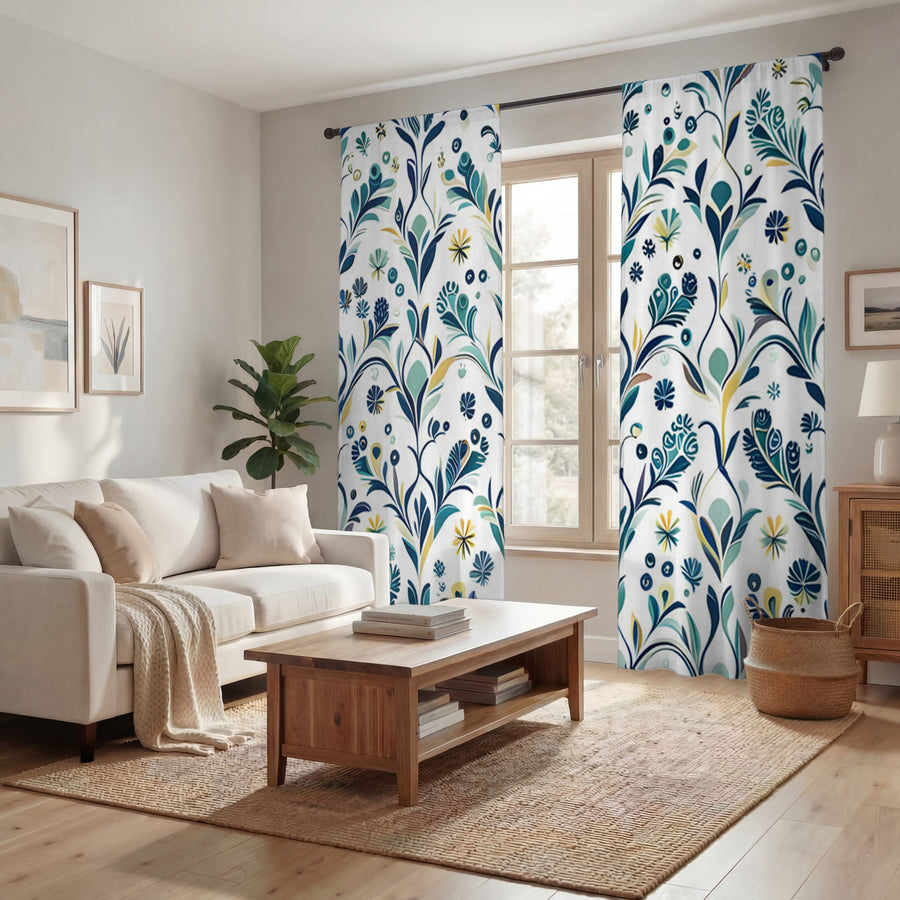 Blue Floral Vine Pattern Window Curtains