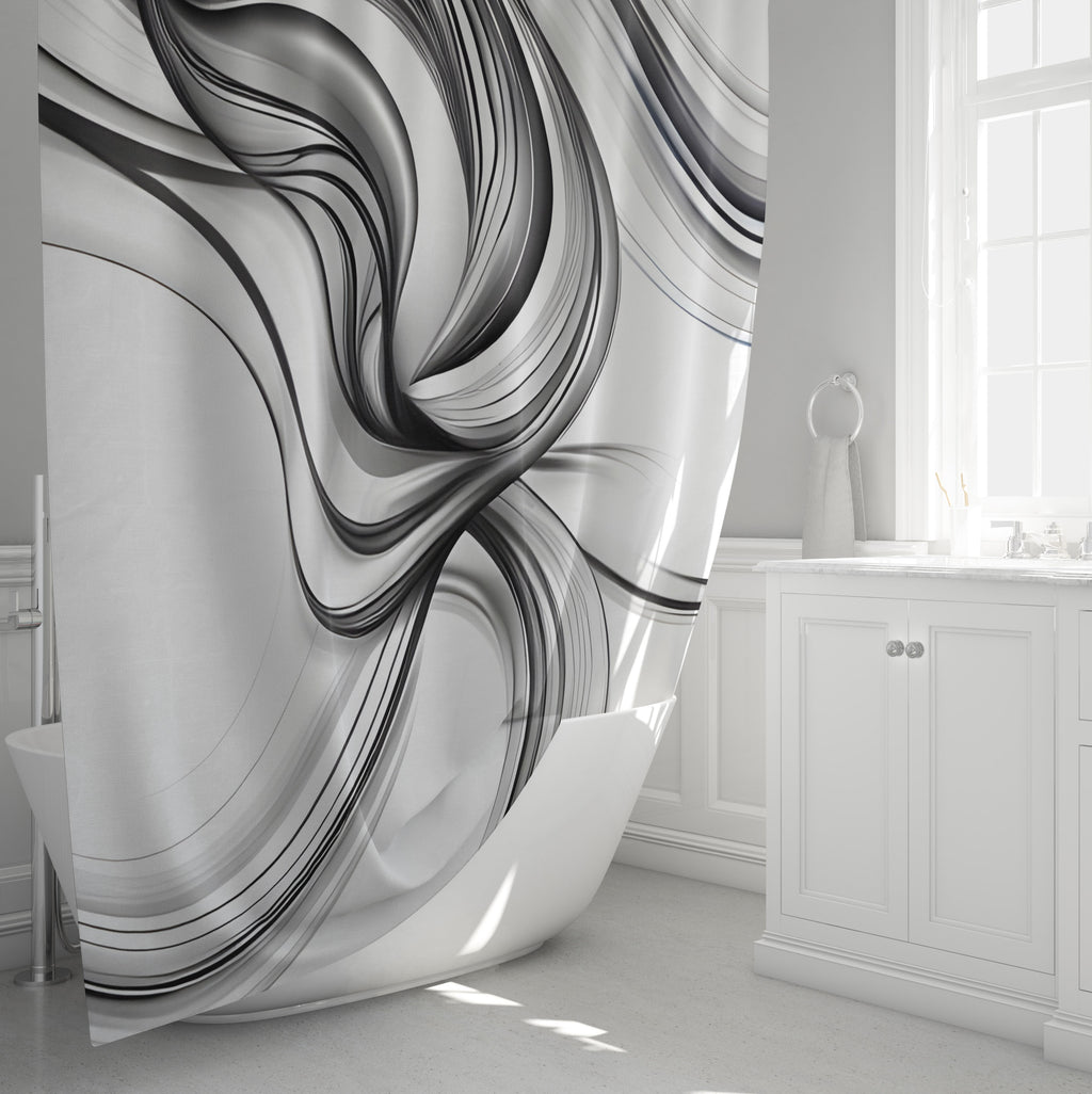 Line Art Shower Curtains - White Curtains with Flowing Black Lines - Deja Blue Studios