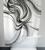 Line Art Shower Curtains - White Curtains with Flowing Black Lines - Deja Blue Studios