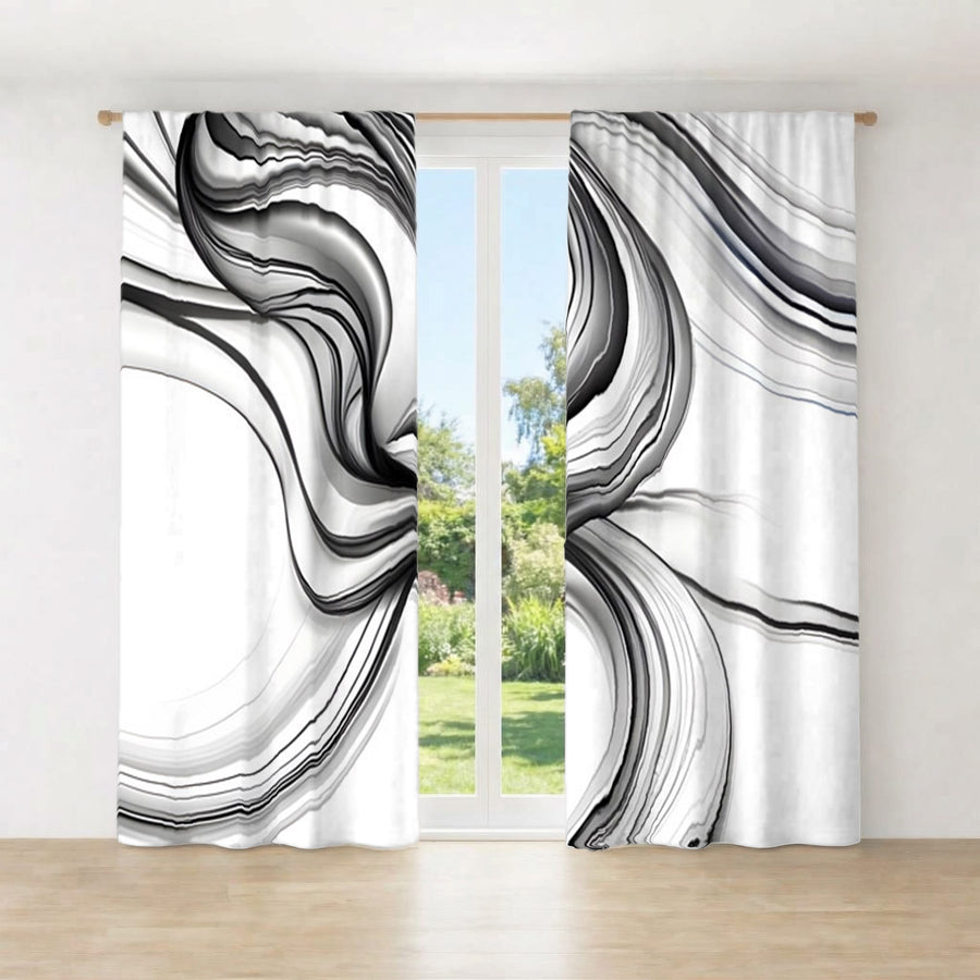 Black and White Fluid Line Pattern Window Curtains