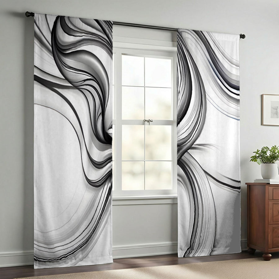 Black and White Fluid Line Pattern Window Curtains