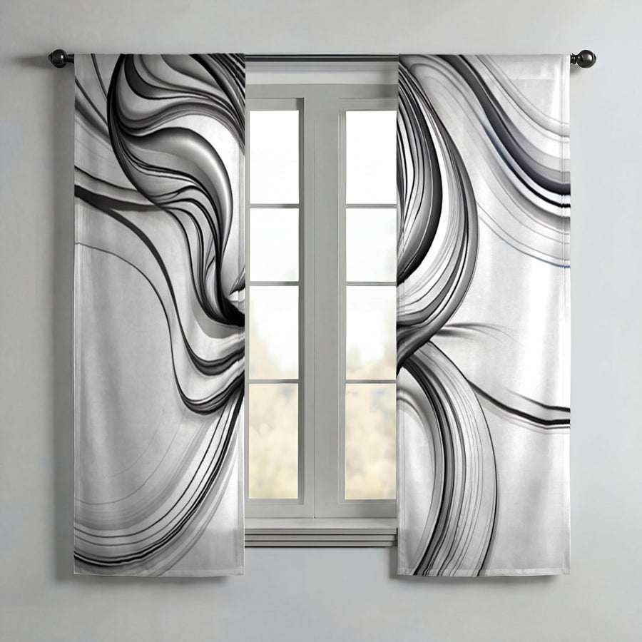 Black and White Fluid Line Pattern Window Curtains