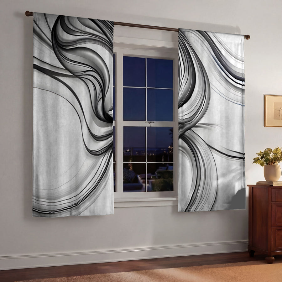 Black and White Fluid Line Pattern Window Curtains