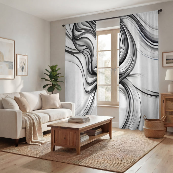 Black and White Fluid Line Pattern Window Curtains