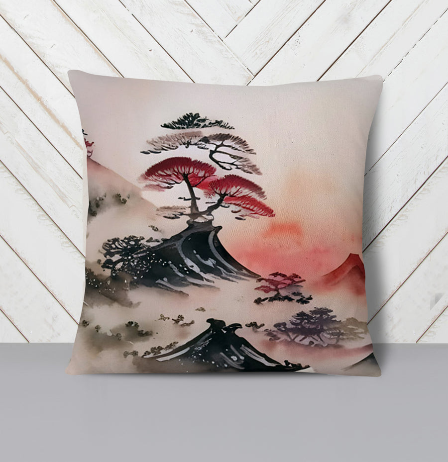 Pink Mist Landscape Artwork Throw Pillow Cover