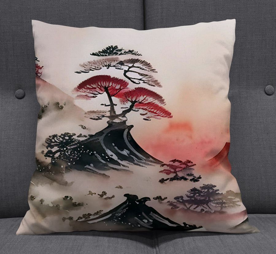 Pink Mist Landscape Artwork Throw Pillow Cover