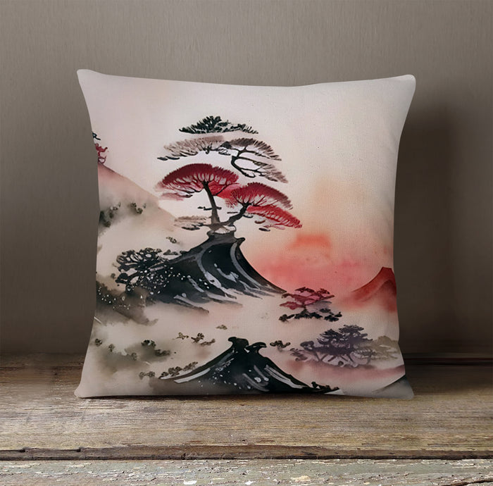 Pink Mist Landscape Artwork Throw Pillow Cover