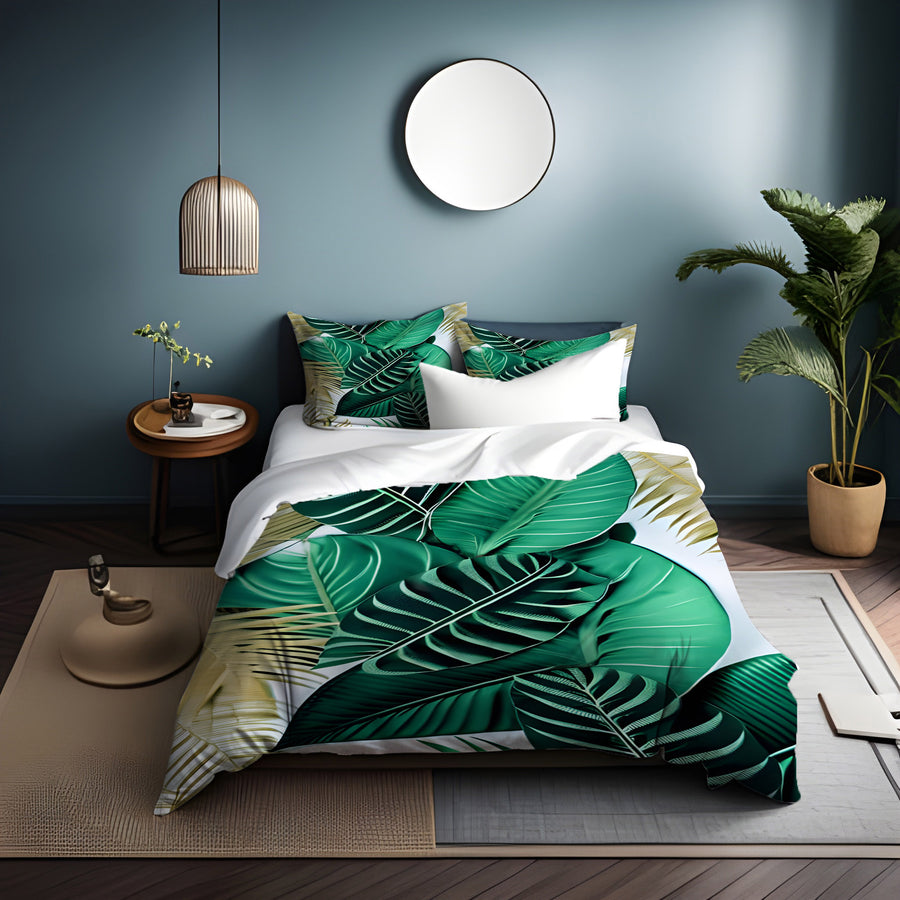 Green Tropical Leaf Pattern Duvet Cover