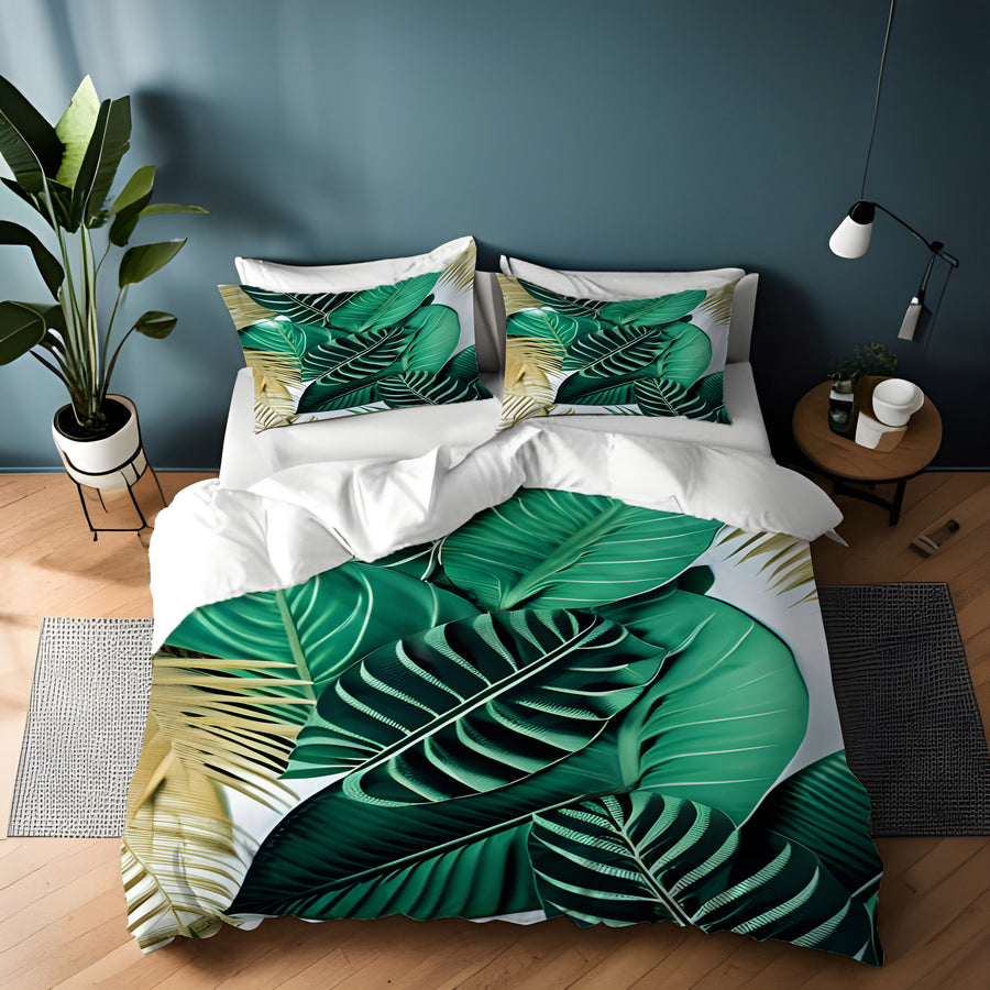 Green Tropical Leaf Pattern Duvet Cover