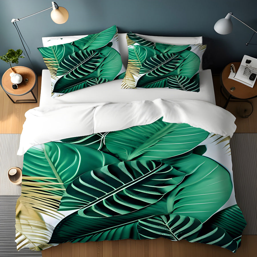 Green Tropical Leaf Pattern Duvet Cover