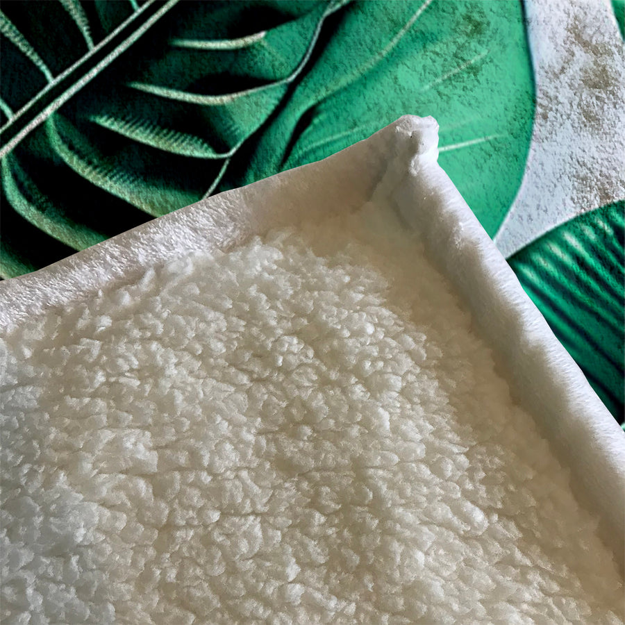 Green Tropical Leaf Pattern Fleece Sherpa Blanket