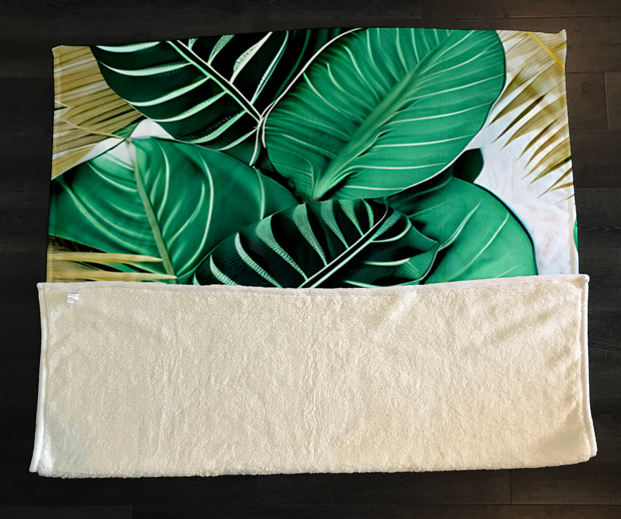 Green Tropical Leaf Pattern Fleece Sherpa Blanket