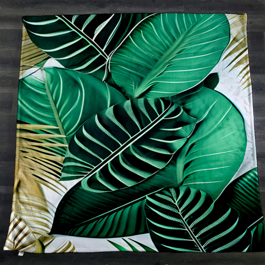 Green Tropical Leaf Pattern Fleece Sherpa Blanket