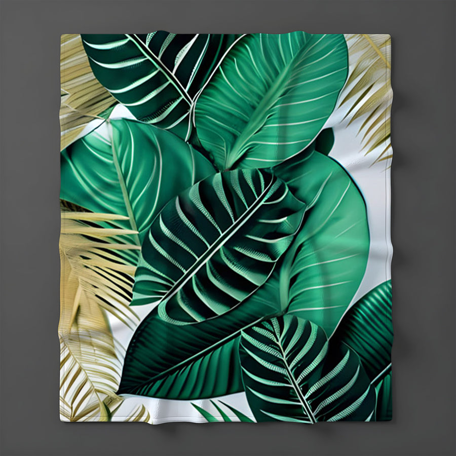 Green Tropical Leaf Pattern Fleece Sherpa Blanket